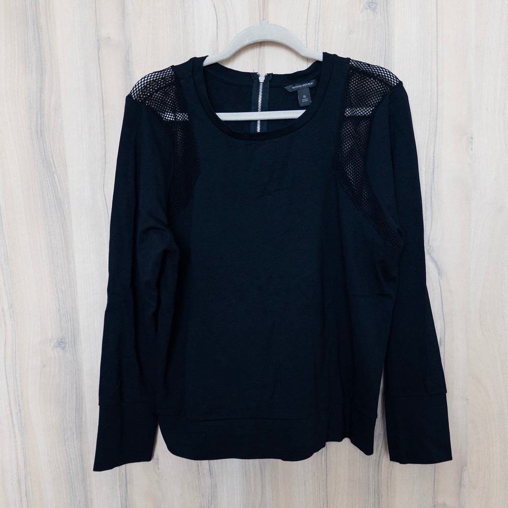 Banana Republic Womens Sweater XL Black Mesh Shoulder Zip Back Goth Minimalist